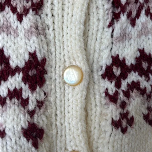 Handmade Fair Isle Cardigan Women’s Large Nordic Burgundy Ivory Knit Sweater - Picture 3 of 6